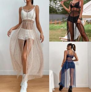 Wholesale Sling Mesh Bikini Cover Up Sexy Slim Dress Sleeveless Solid Pattern from china suppliers