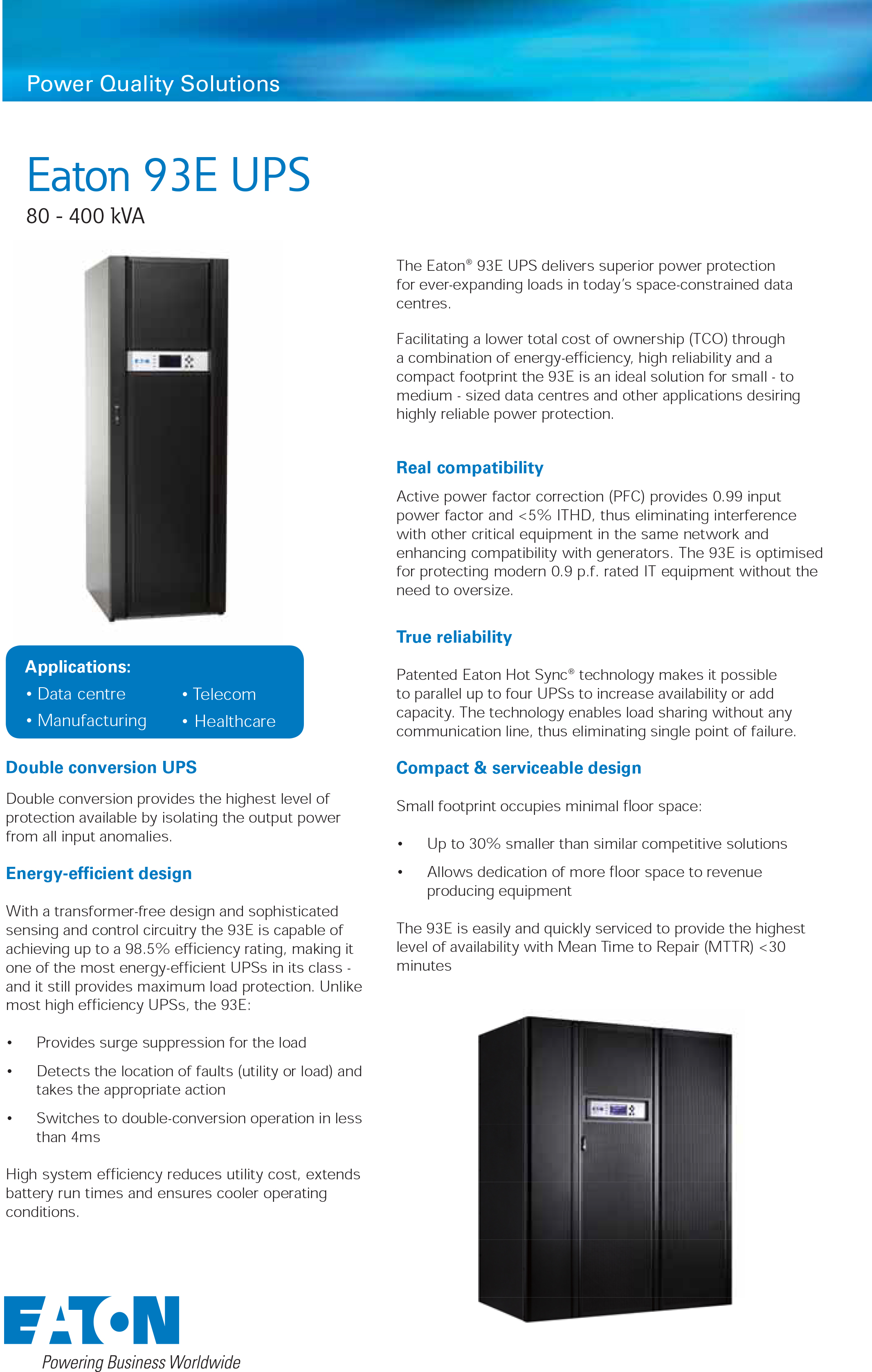 Eaton 93E 80KVA 100KVA 120KVA 160KVA 200KVA 300KVA 400KVA 500KVA Tower UPS for Computer/Networking