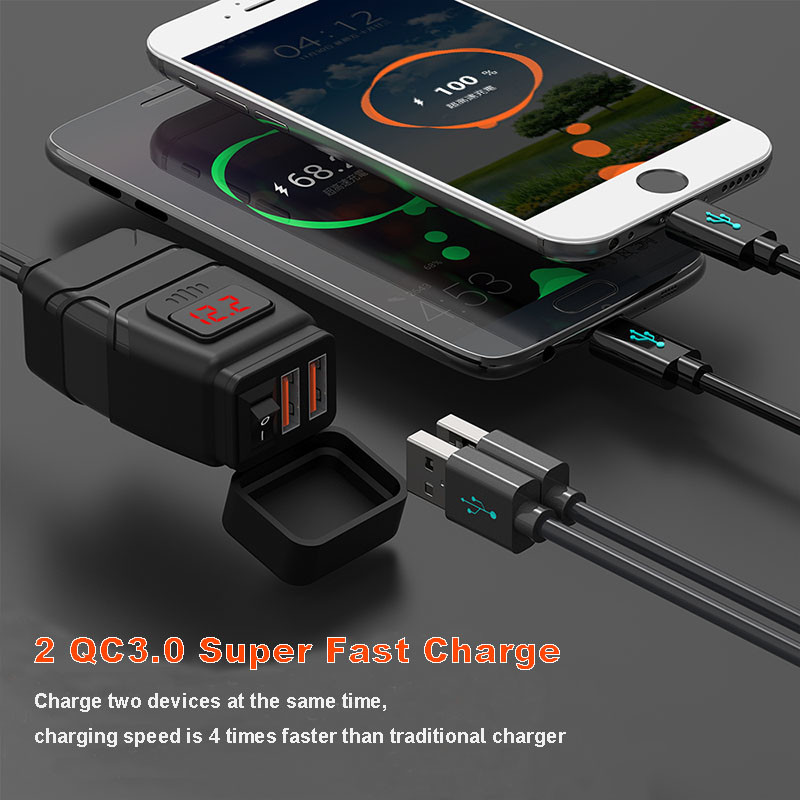 QC 3.0 Waterproof 12v Motorcycle Usb Outlet Iso Listed Red / Blue