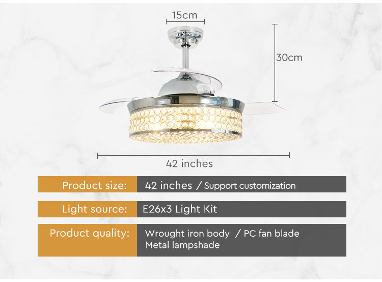Home Hotel Office 42" Blade Size Ceiling Fan with Low Energy Crystal Light and AC Motor