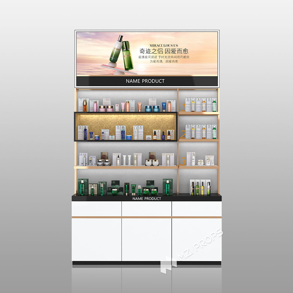 BJiS-B5 Golden Mirror Material Skincare Display Cabinet with LED Strip Lights for High-End Makeup