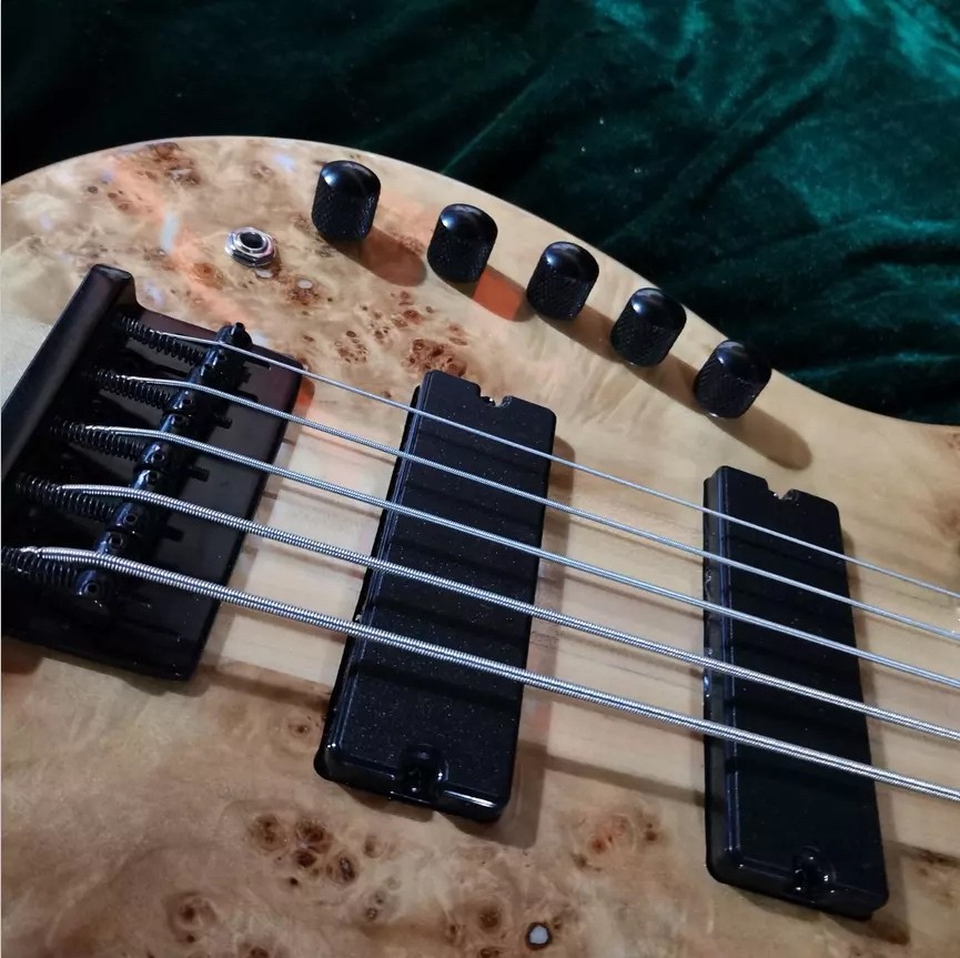 Custom Natural Burl Color One Piece Neck Through 5-Strings Left Handed Electric Bass Guitar