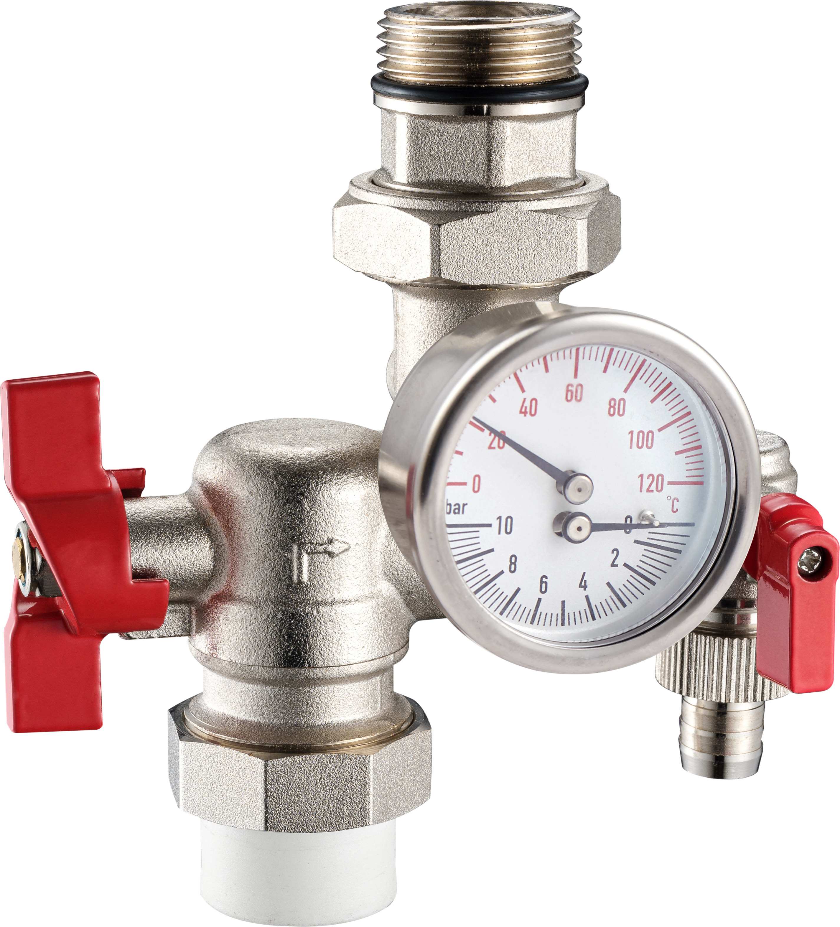3602 Brass Ball Valve DN20 Flexible Male Nipple G1" x PP-R 25 connections Combined w/ Meter Outlet and Brass Drain Valve