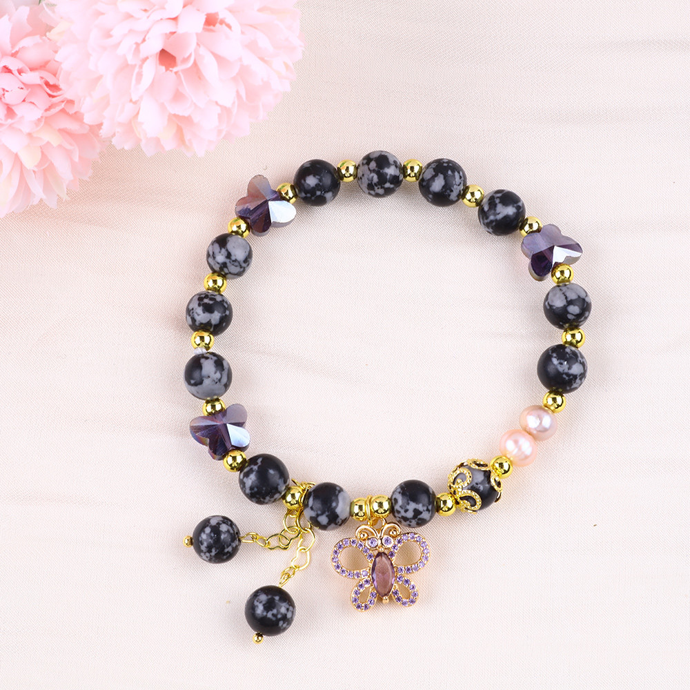 8MM Healing Natural Stone Snowflake Obsidian With Purple Butterfly Charm Bead Bracelet