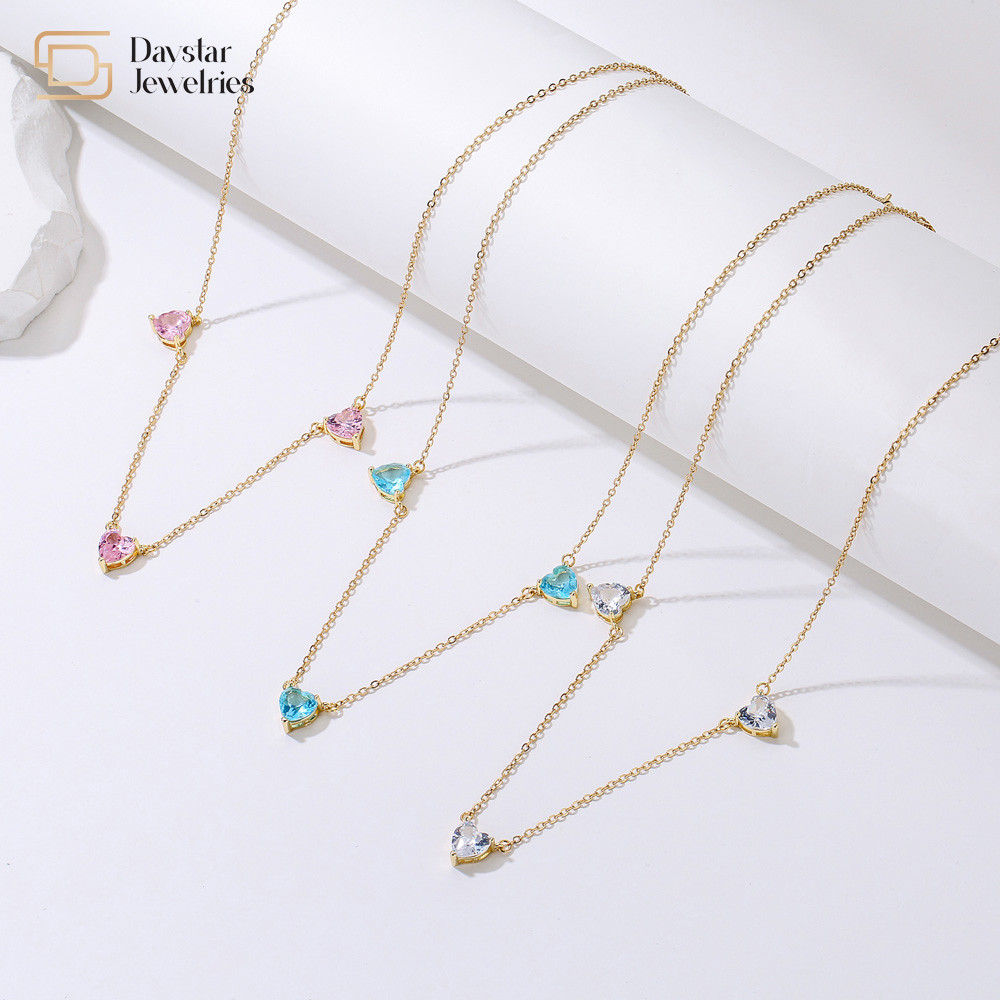 Heart Pink Ocean Blue Thin Chain Choker 18k Gold Plated Diamond Zircon Charms