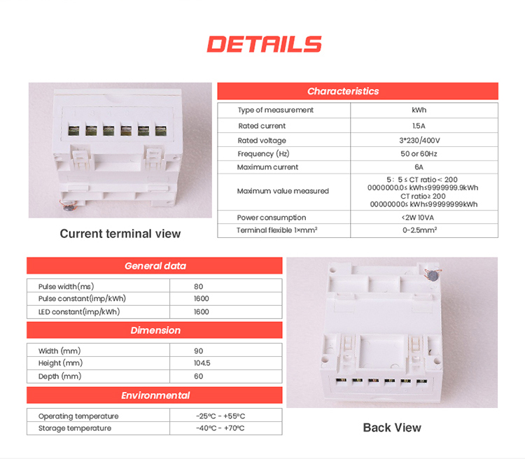 25 to 55 Temperature Range EM535-S CT 3 Phase 4 Wire S0 Output KWH Meter