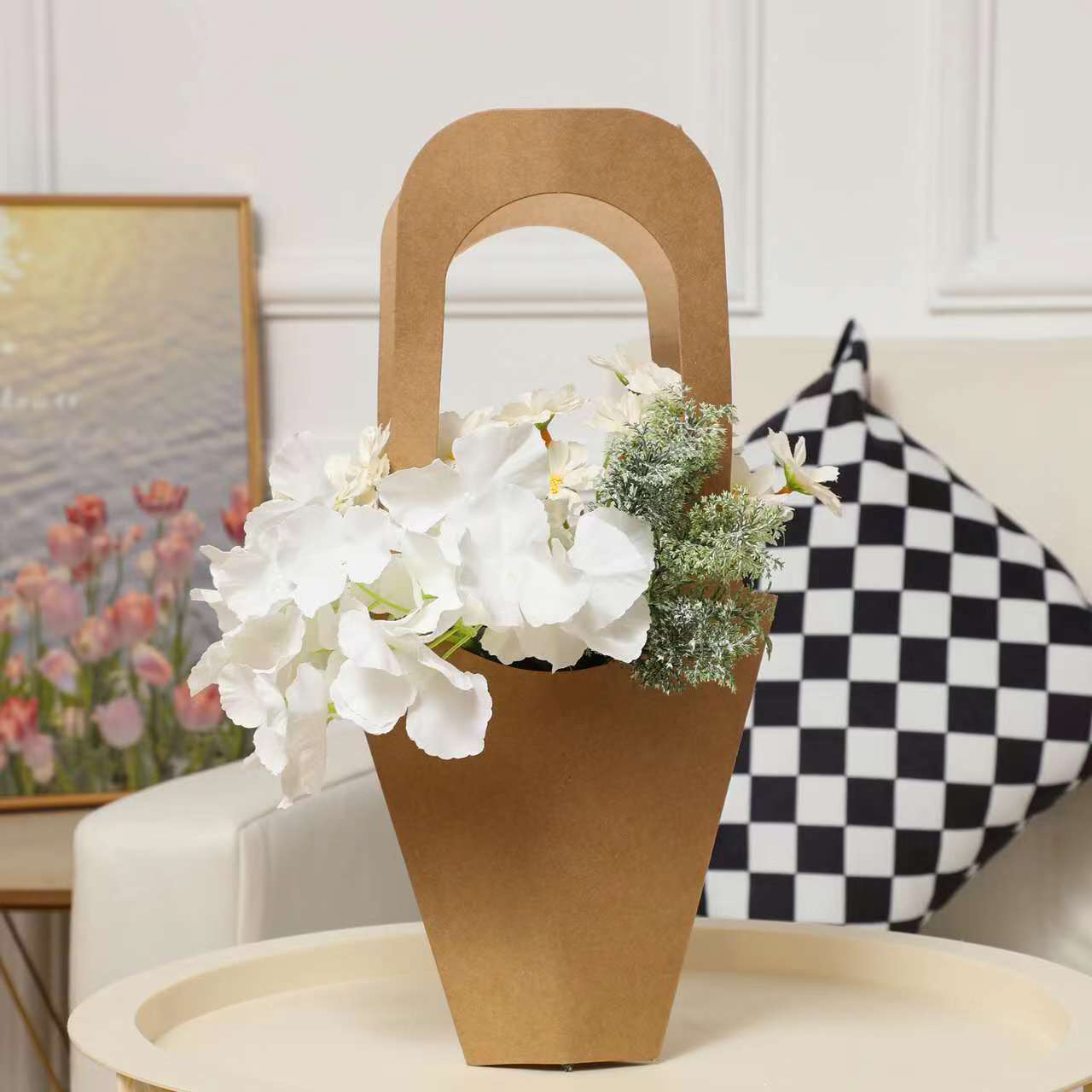 Custom Color Accepted Craft Flower Carrier Bouquet Packaging Kraft Paper Bag For Flower
