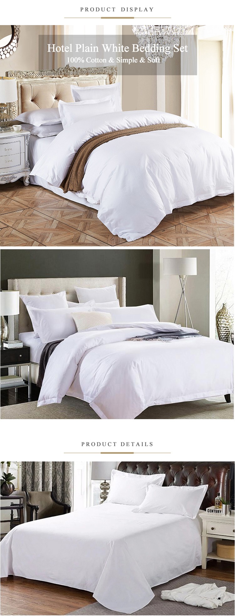 4 Pcs 60s 300tc 100% Cotton White Satin Bedding Set for Luxury 5 Star Resort Hotel