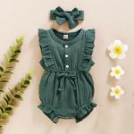 In Stock Summer Baby Girls Romper + Headband Cotton Linen Ruffles Sleeveless