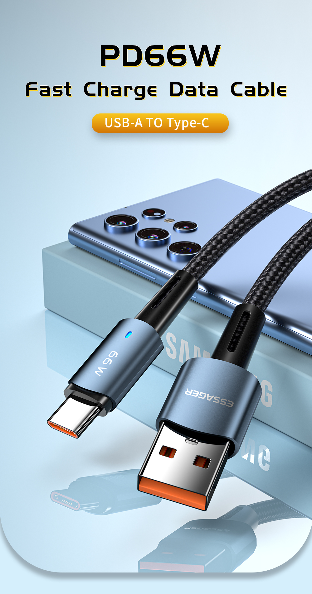 Essager Sunset Super Charge USB A To C Data Cable USB2.0 6A PD 66W
