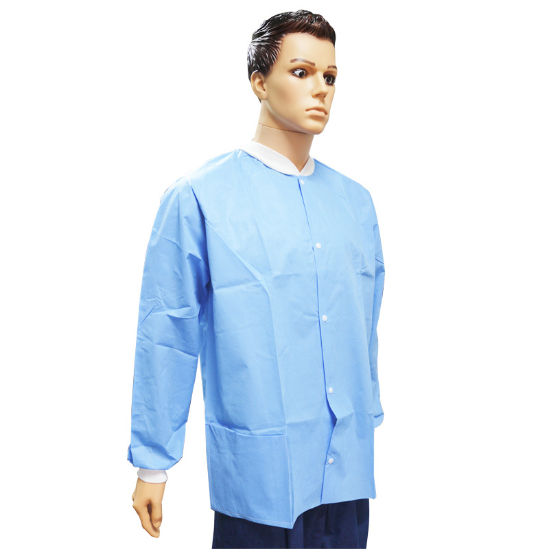 High Quality White Blue Disposable SMS Lab Coats with Cotton Knitting Cuff