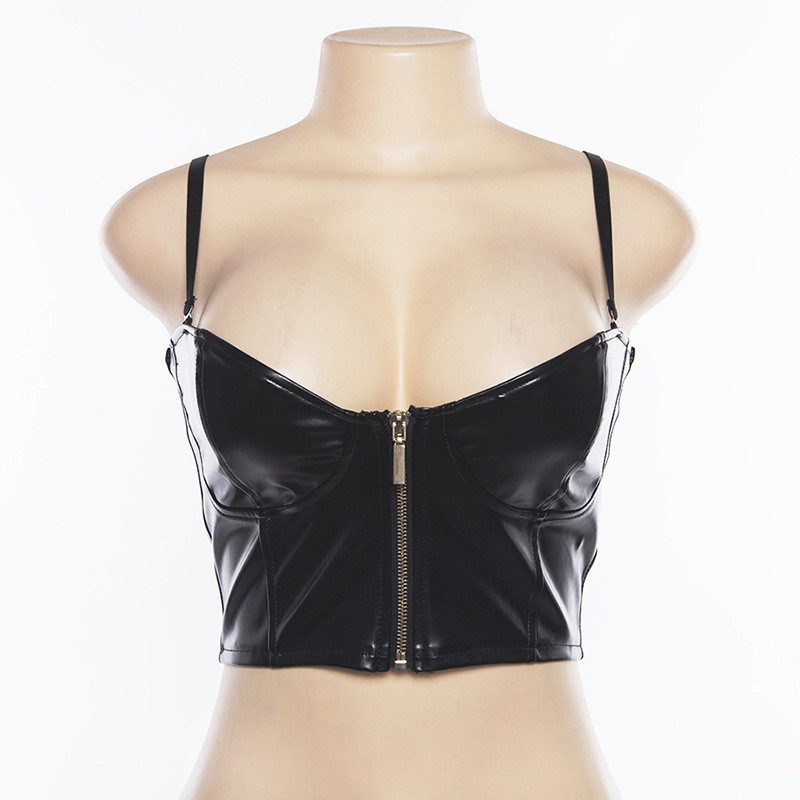 Open Back Ladies Camisole Tank Tops , Slim Short PU Leather Tank Top