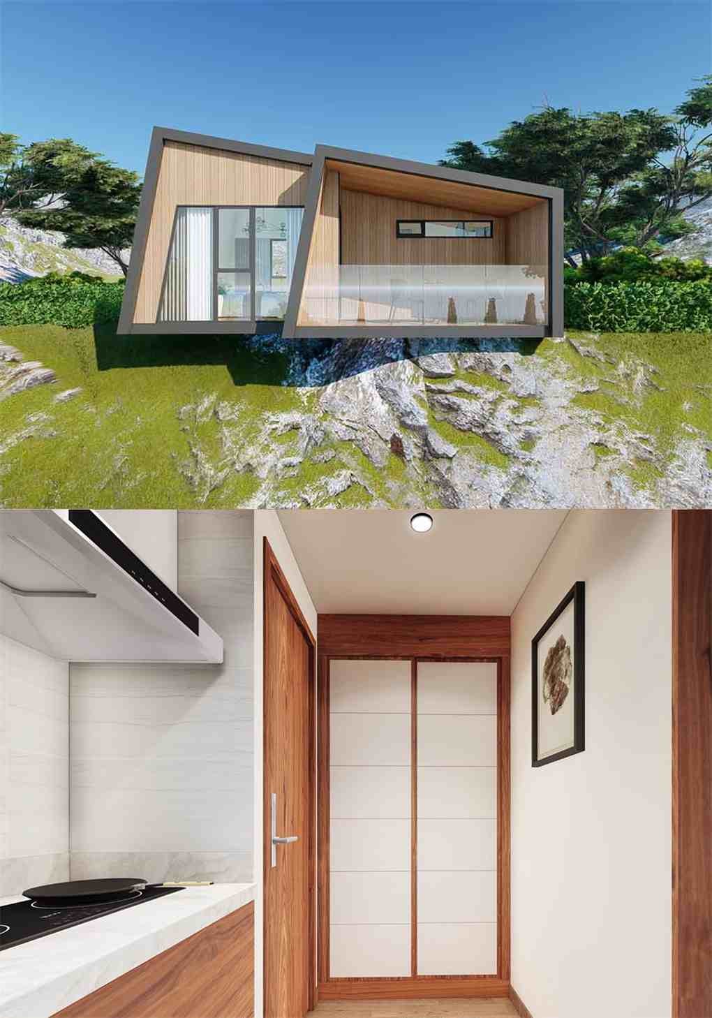 Liquid Flat Pack Luxury Prefab House Custom With Wooden Interior / Bedroom