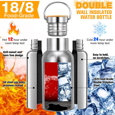 Stainless Steel Double Wall 12 Oz Sliver Insulated Sports Bottle With Wooden Lid