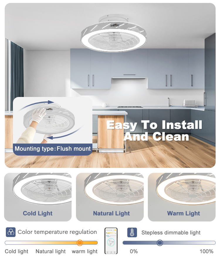 Smart Remote Controlled Flush Mount LED Ceiling Fan with DC Motor and ABS Blades