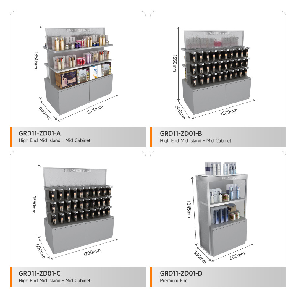 Retail Display Rack Grey Wooden Island Cabinet For Smart Store Rack And Premium Shop Design