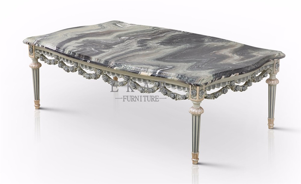 Marble Top Solid Wood Coffee Table Design Hand Carved Rose Table
