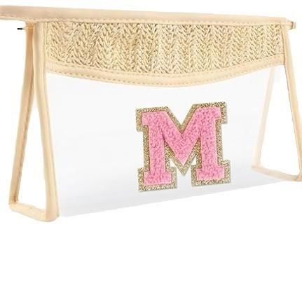 Straw woven clear Chenille Alphabet Makeup Bag Portable zipper waterproof PVC