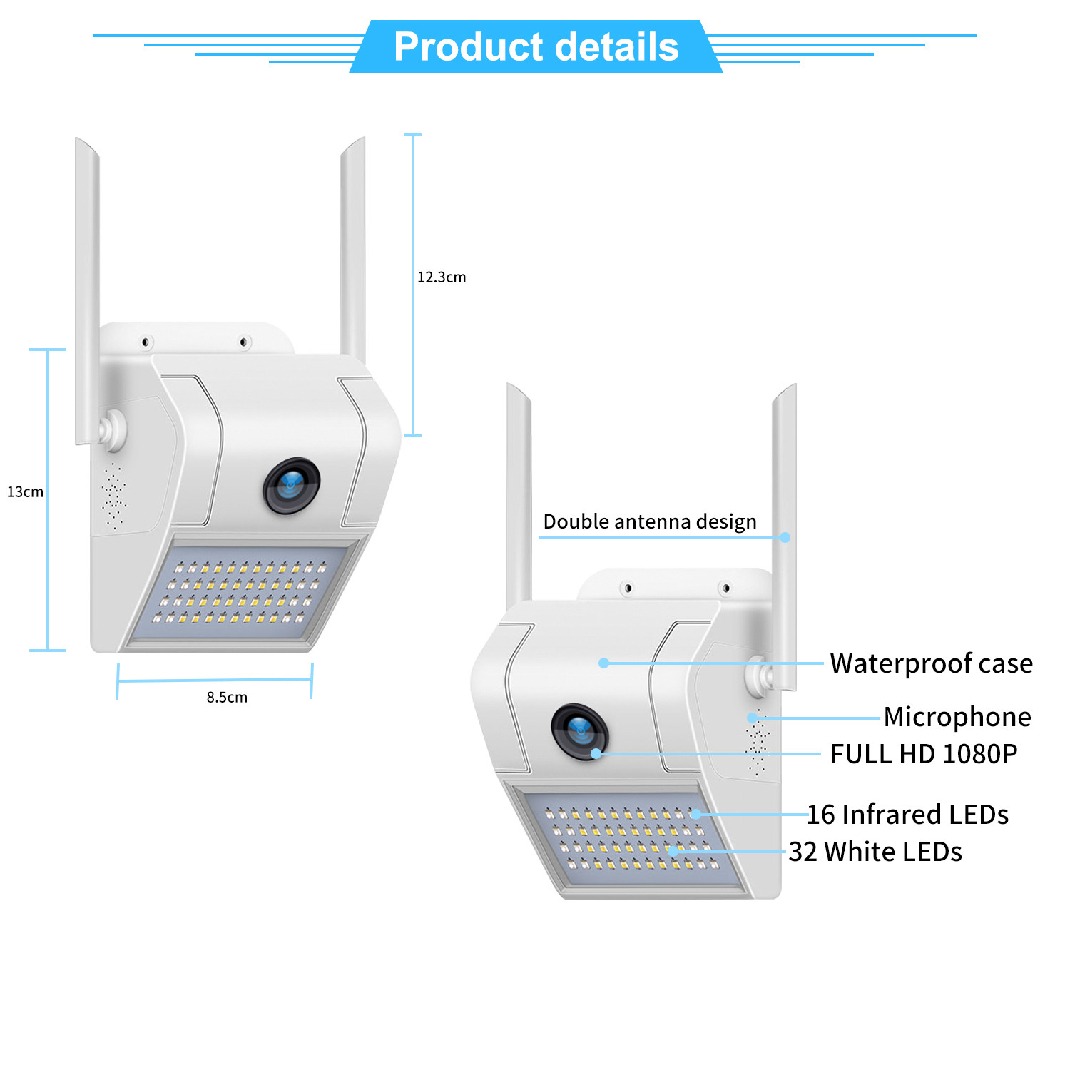 H.265 2MP wide angle view two way audio 2.8mm lens WiFi 20m ir distance TF card slot Dual light source courtyard camera
