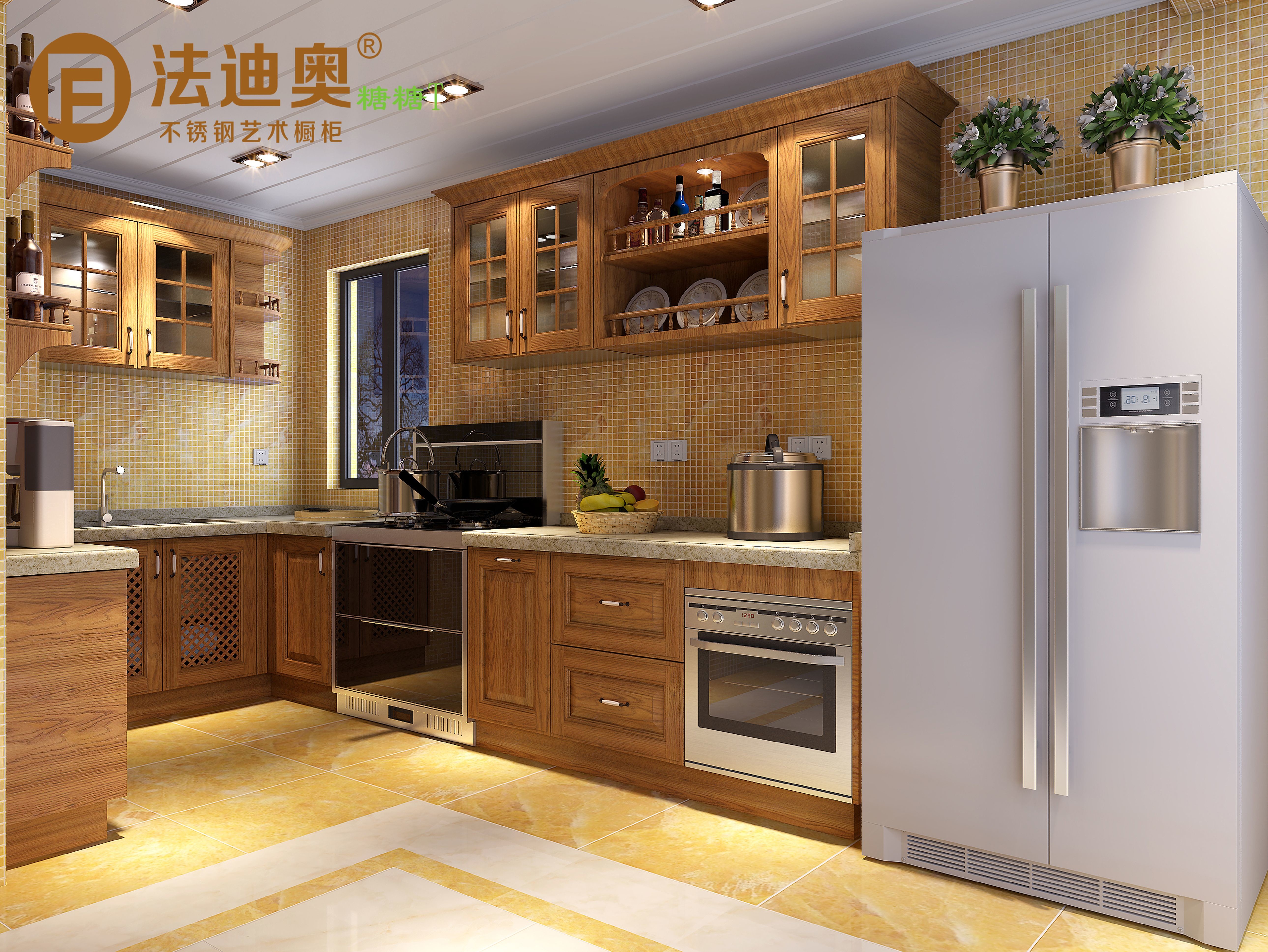 Fadior Wooden-Texture Stainless Steel Kitchen Cabinets With Glass Doors And Open Shelving
