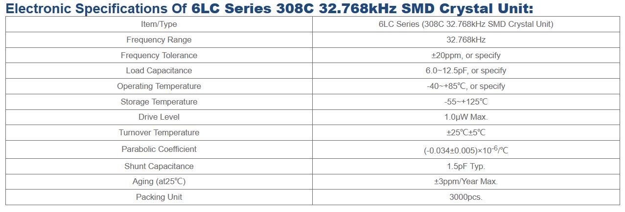 32.768KHz SJK 308C Crystal Resonator 3.8*8.0*2.5mm 20ppm with 1.3pF Shunt Capacitance