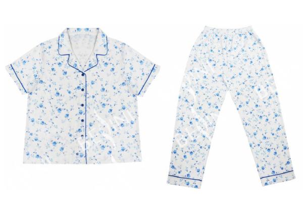 Cute Blue Floral Printed Womens Pyjama Sets / Ladies Nightwear Shorts Set For