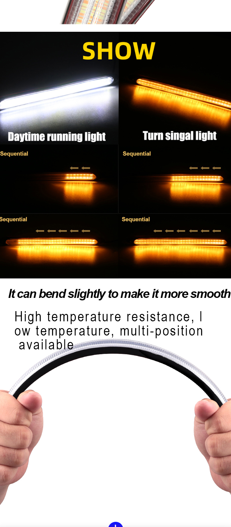 2 Color Sequential Flexible Car Headlight LED Tube Strip DRL Daytime Running