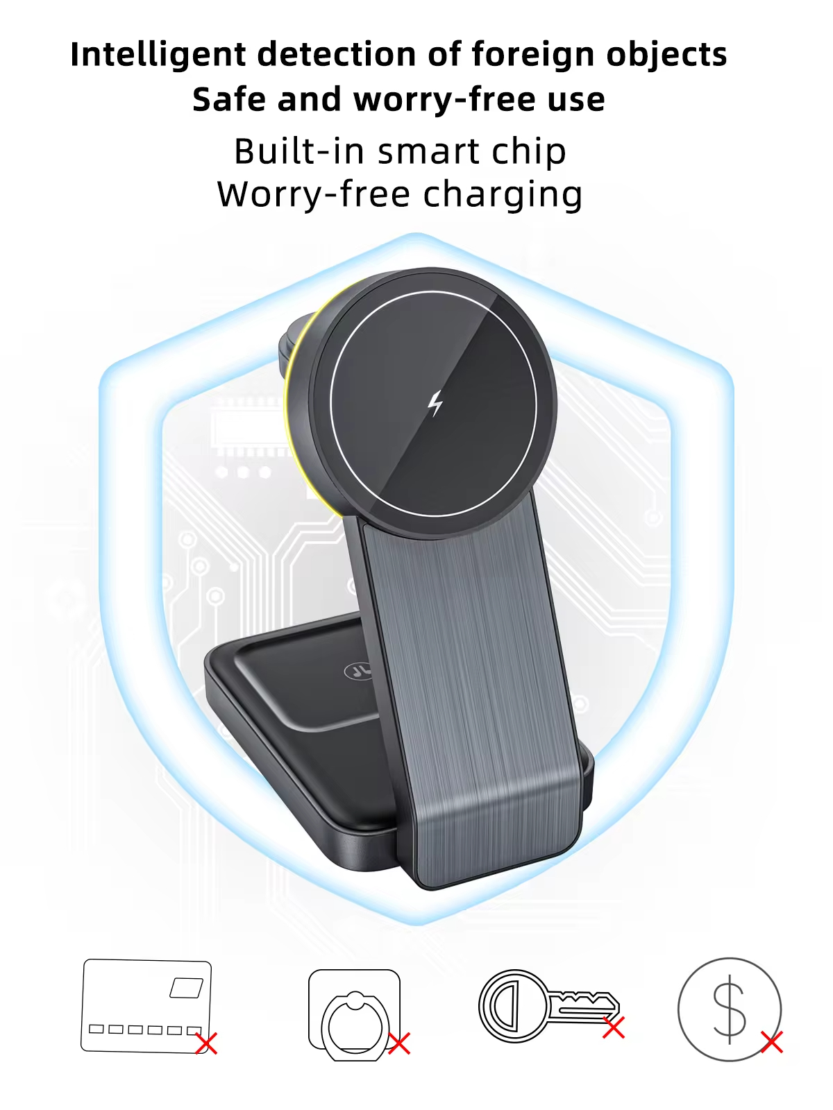 Aluminum Alloy 3 in 1 Wireless Charger Stand Station 15W Charging Dock for iPhone with Input Voltage and Current of 9V/2A 5V/2A
