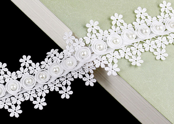 3D Flower French Venice Guipure Lace Trim With Pearl Bead For Bridal Wedding Dress