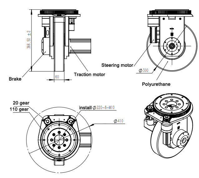 48V 750W BLDC Motor AGV Mecanum Wheel With 300mm PU Wheel