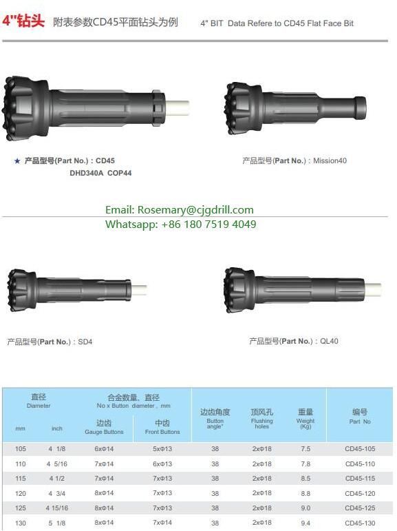 High Air Pressure 4inch Series Hammer DTH Bit for Mining DHD340 / Cop44 / M40 / SD4 / Ql40