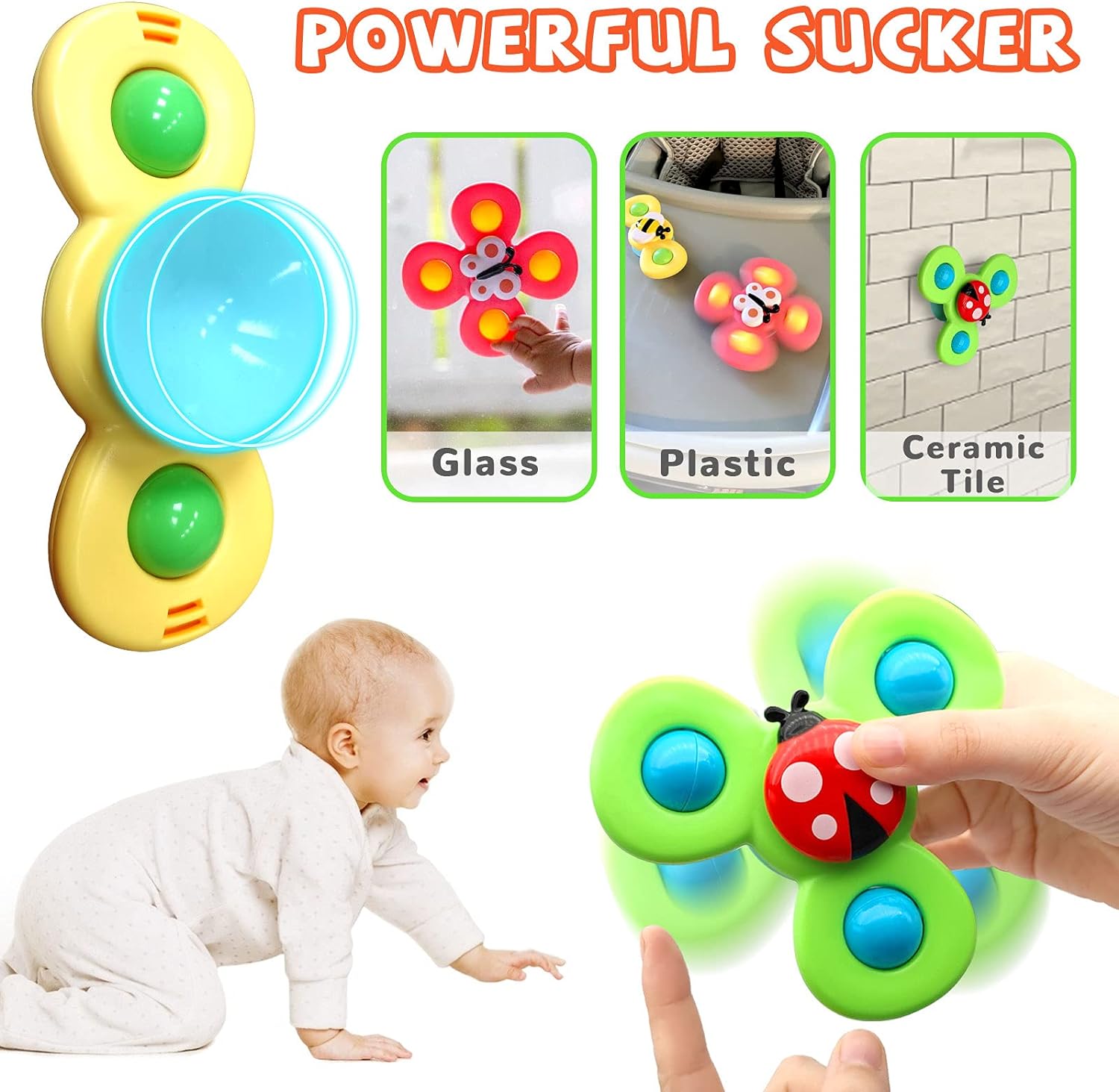 0-6 Year Olds Unisex Sensory Learning Toys 3 Pcs Suction Cup Spinner for Bath Time Fun