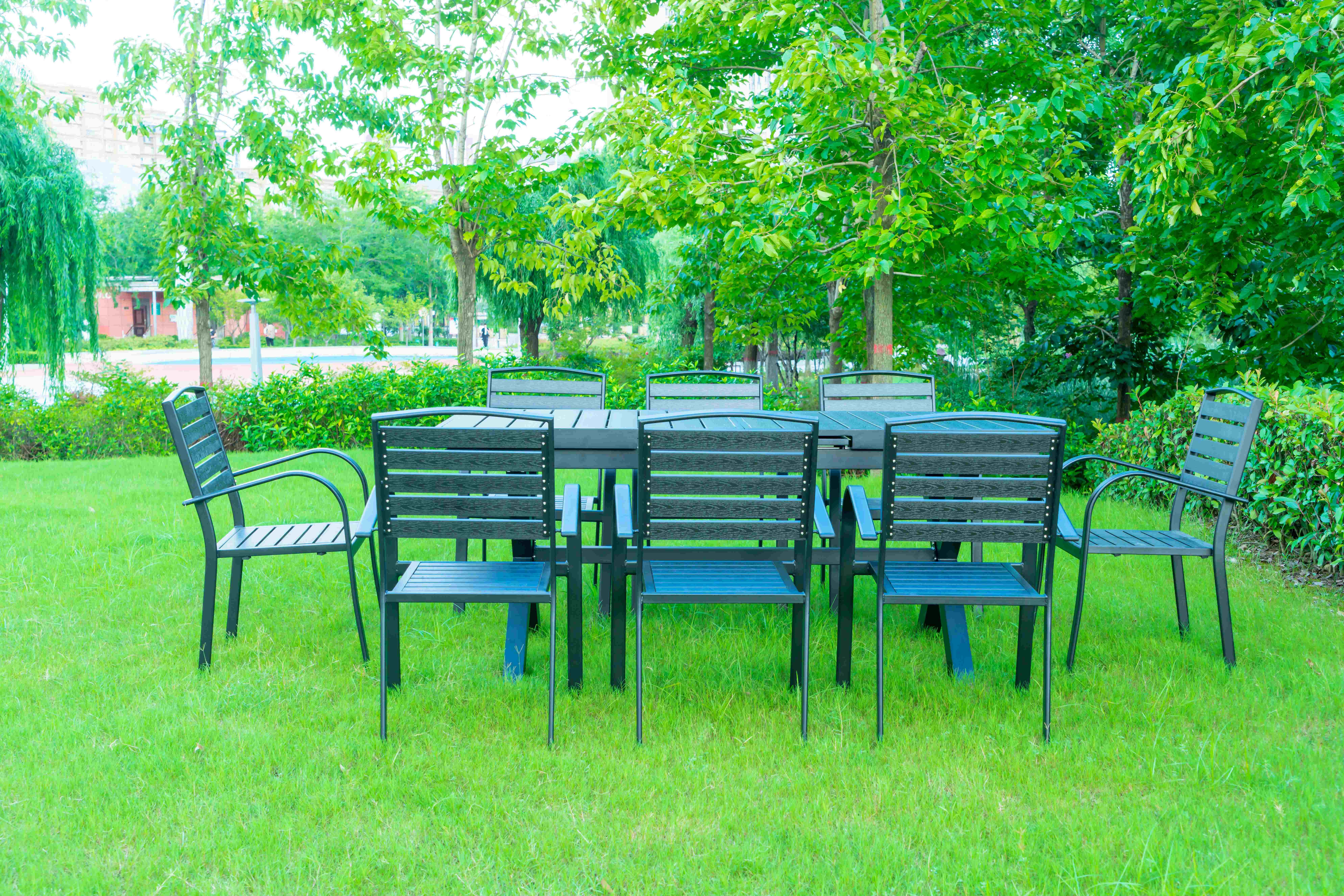9 Pieces Black Plastic Wood Modern Outdoor Garden Furniture Table Set 8-10 Seater Extendable Patio Dining Table Chairs