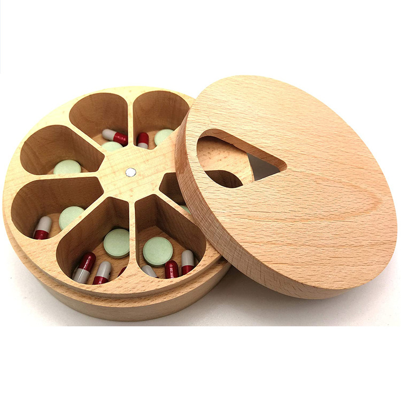 Wood Daily Weekly Vitamin Medicine Pill Organizer Case Box,Kitchen Salt Spice Cellar Containers,Storage Box