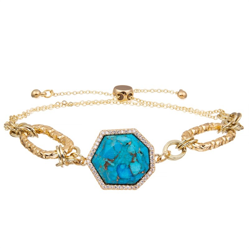 Gold Line Natural Blue Turquoise Handmade Beads Bracelet Adjustable