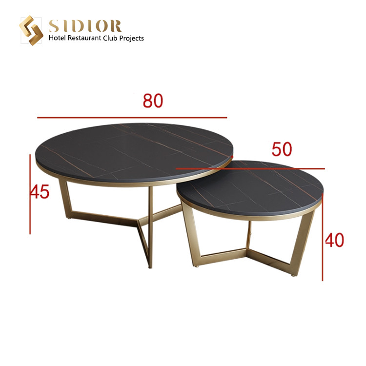 50cm Lightweight Black Round Marble Coffee Table Set Of 2 With Gold Legs