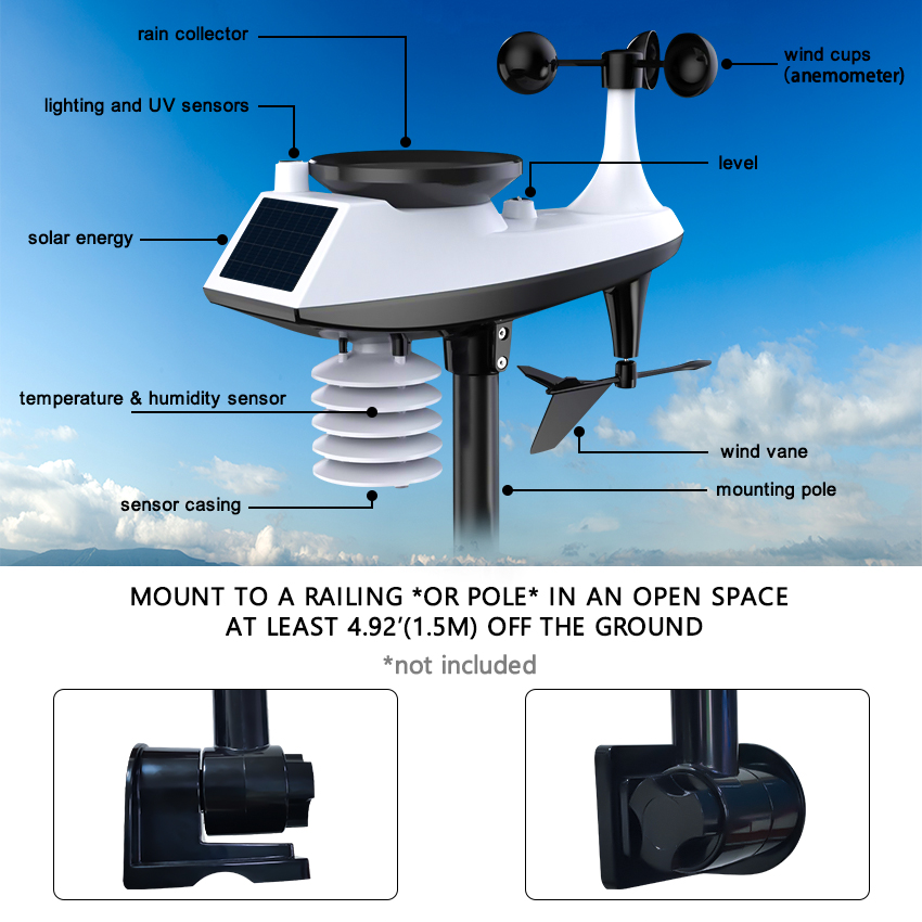205*130*32mm Wireless Automatic Weather Station With Sensor And Rain Gauge Humidity Range 20-95% 1.8KG Weight