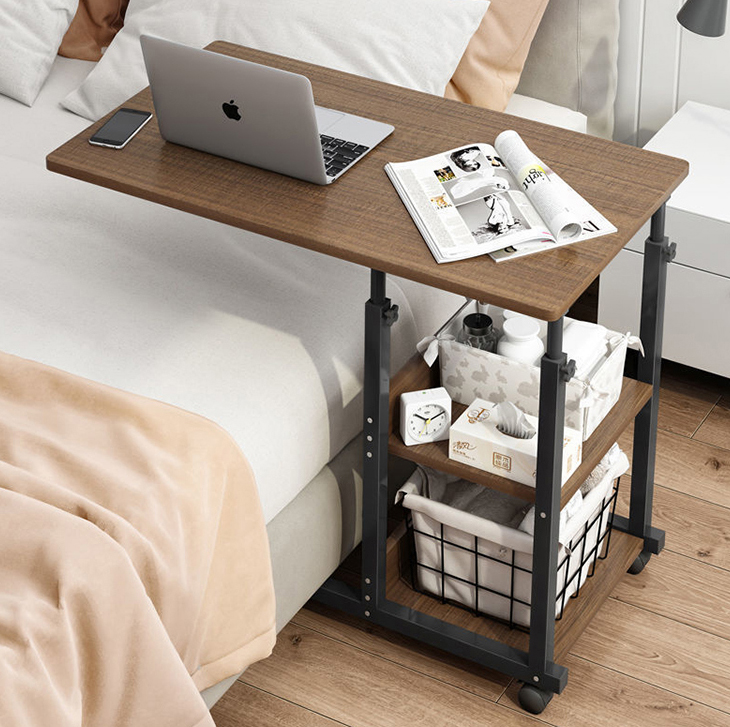 Height Adjustable Computer Gaming Desk Brown Wooden Table with Storage and Wheels