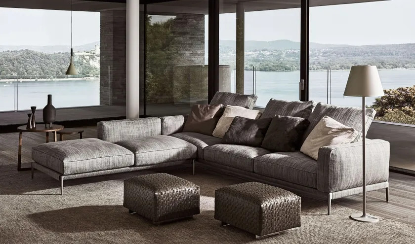 Hotel Office L-Shape Corner Long Sofa High Quality Linen Black Iron Feet Sofa