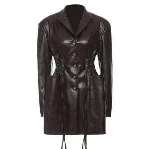 Wholesale Breathable Women Fashion Drawstring Oversized Midi Winter Pockets Long Leather Jacket Coat PU Jackets from china suppliers