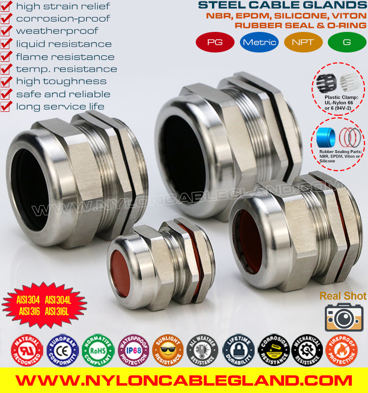 40mm Stainless Steel IP68 Cable Gland 304, 316, 316L M40x1.5 Thread with Silicone Seals for Cable O.D. 22-32mm
