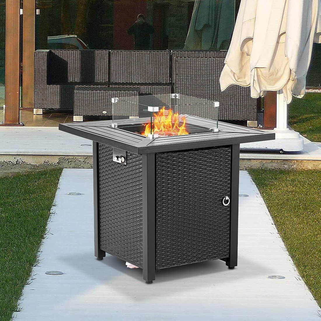 28 Inch 50,000 BTU Gas Modern Propane Fire Pit Auto-Ignition Waterproof Cover