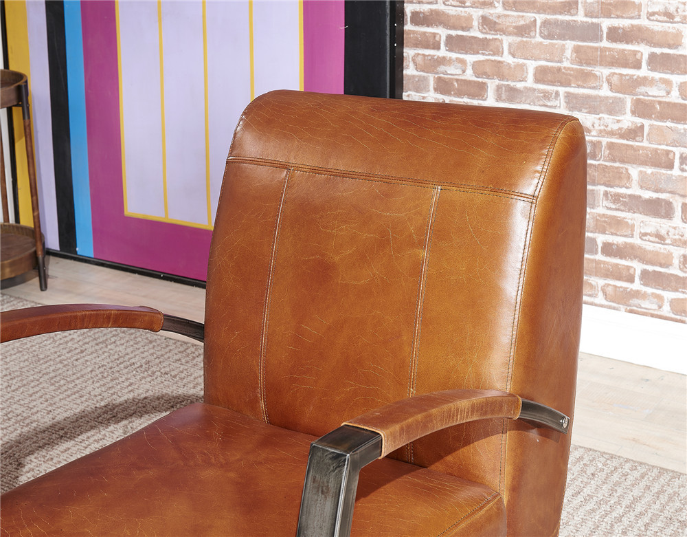 Light Brown Tan Leather Accent Chair , Leather Relaxing Chair Durable Iron Armrest