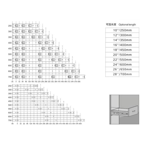Galvanized Steel 3 Fold 22 Inch Full Extension Ball Bearing Slides