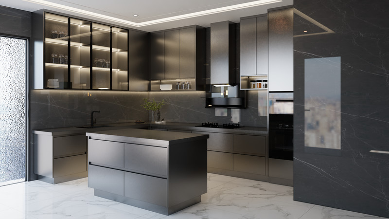 Fadior Matte Black Stainless Steel Kitchen Cabinet With Under-Cabinet Ambient Lighting
