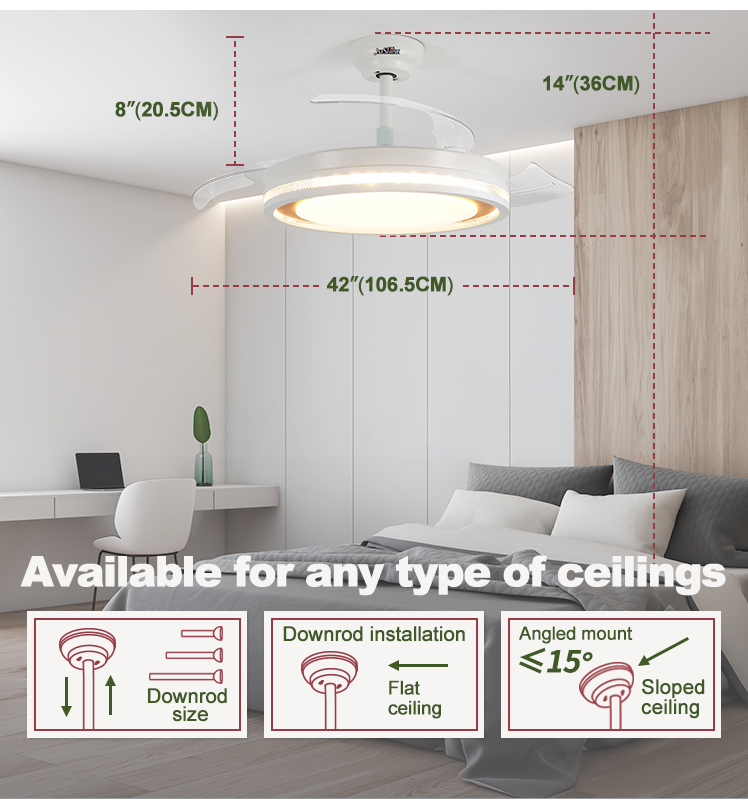 Standard Wind Mordern Style LED Ceiling Fan with Hidden Blades and PC Blades in White