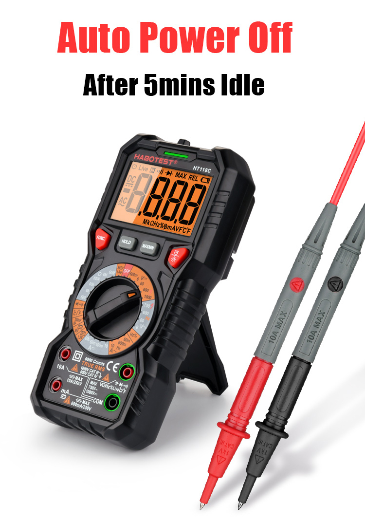 Habotest LCD Display Multimeter Digital Backlight AC DC Ammeter Voltmeter Ohm Hz T-RMS Battery Tester 6000 Counts HT118C