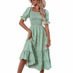 Floral Print Dresses Short Puff Sleeve Square Neck Shirred Detail MIDI Women