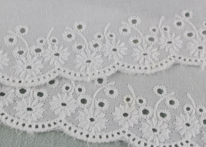 White Eyelet Cotton Lace Trim , Scalloped Floral Lace Ribbon For Wedding Dress