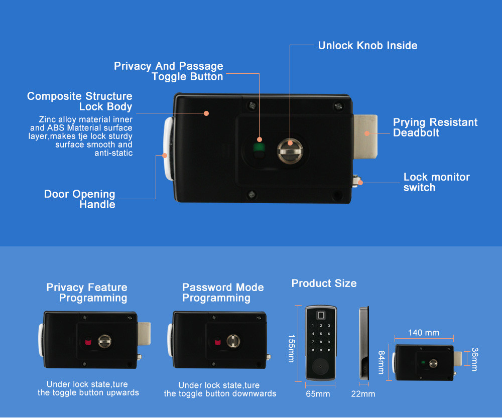 Fingerprint Zinc Alloy Electronic RIM Door Lock Without Mortise